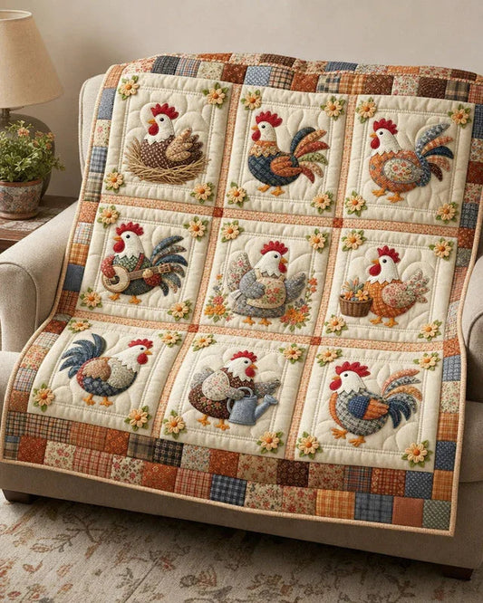 Patchwork Chicken Quilt Blanket - Quilted Blanket by OtterMia