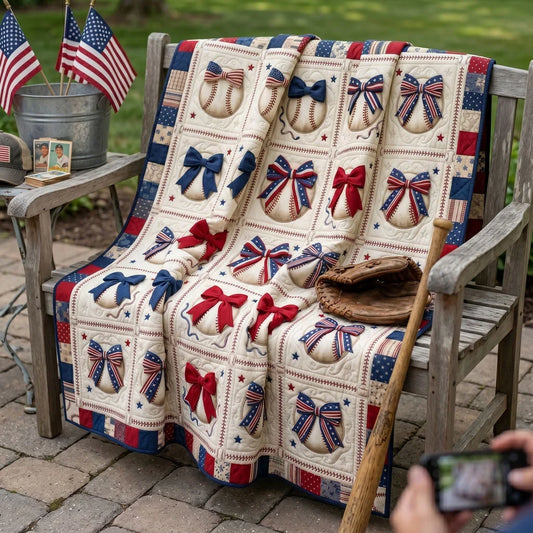 Patriotic Baseball Bows Quilt Blanket