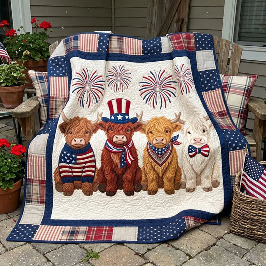 Patriotic Highland Cow Quilt Blanket