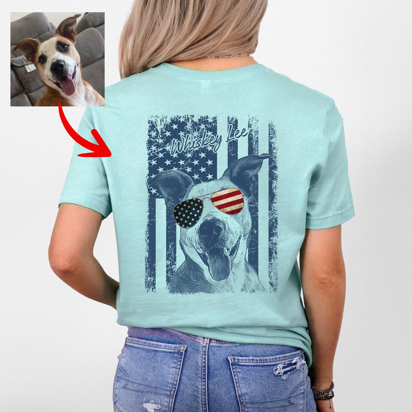 Patriotic Custom Dogface Shirt Backside, custom pet portrait gift for pet lovers (view 7)