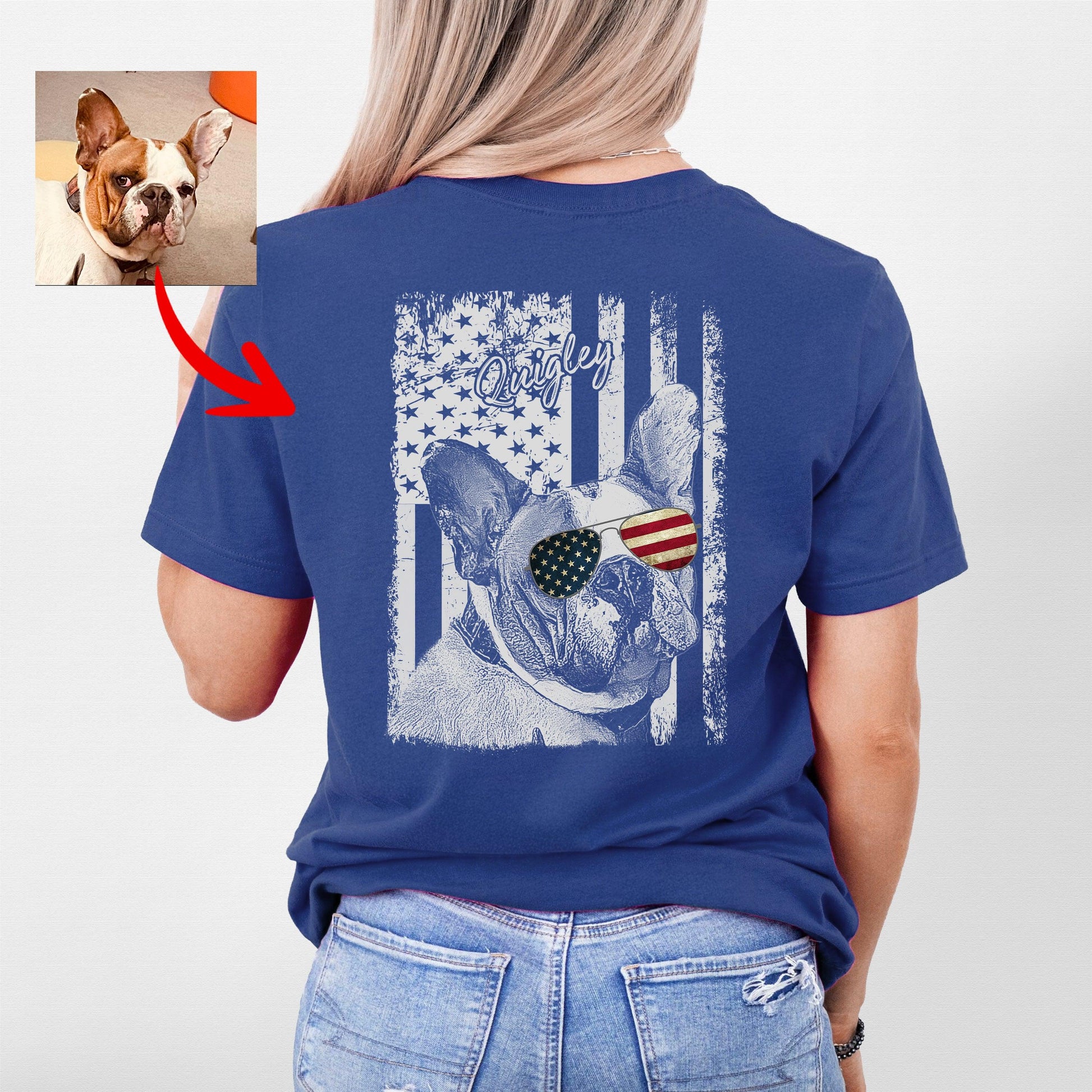 Patriotic Custom Dogface Shirt Backside, custom pet portrait gift for pet lovers