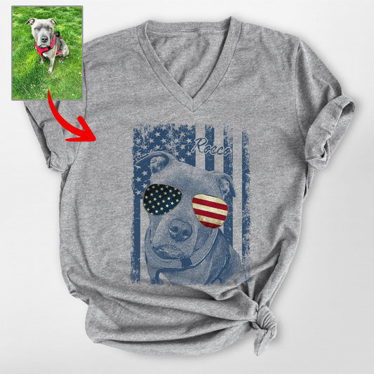 Patriotic Custom Dogface V-Neck Shirt, custom pet portrait gift for pet lovers
