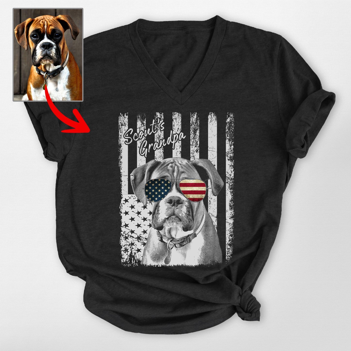 Patriotic Custom Dogface V-Neck Shirt, custom pet portrait gift for pet lovers (view 2)