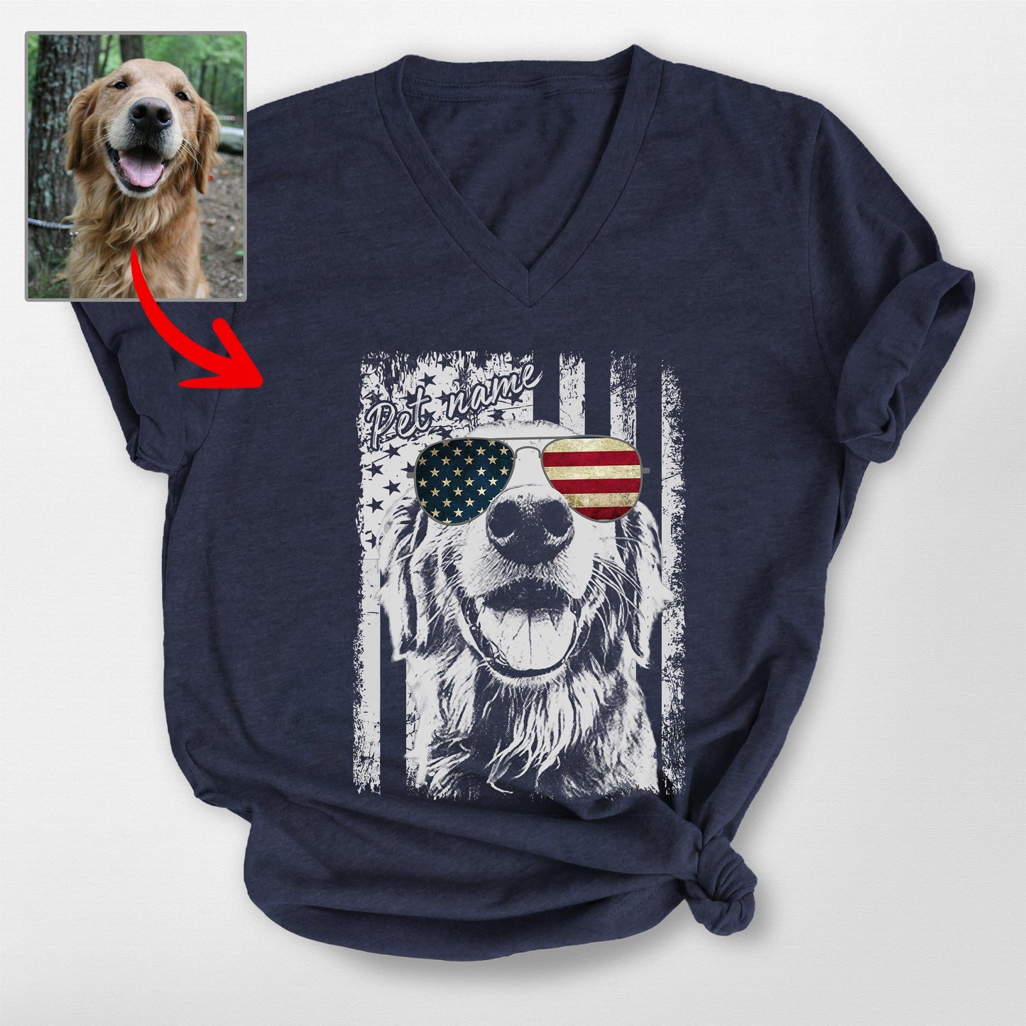 Patriotic Custom Dogface V-Neck Shirt, custom pet portrait gift for pet lovers (view 3)