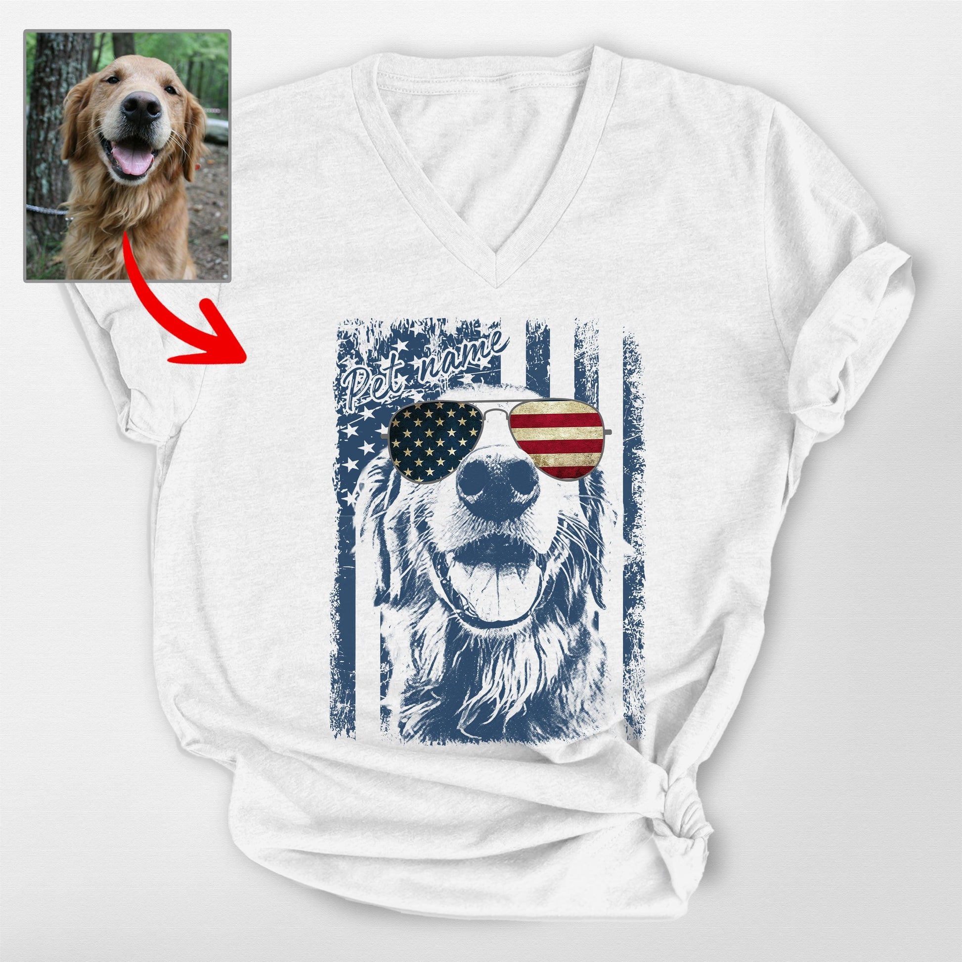 Patriotic Custom Dogface V-Neck Shirt, custom pet portrait gift for pet lovers (view 4)