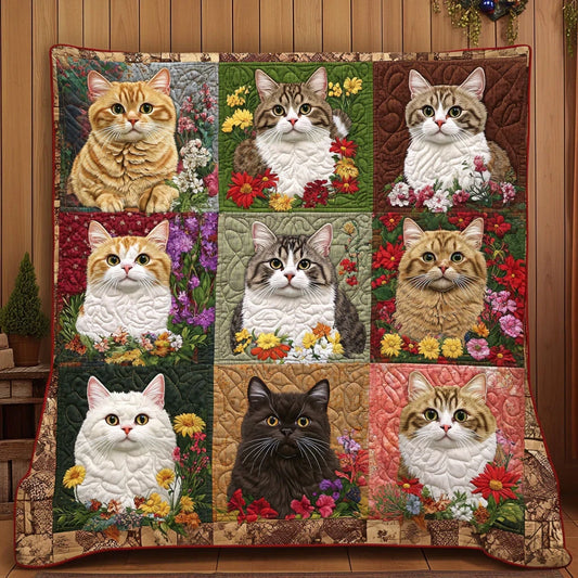Peaceful Bloom Cat Quilt Blanket