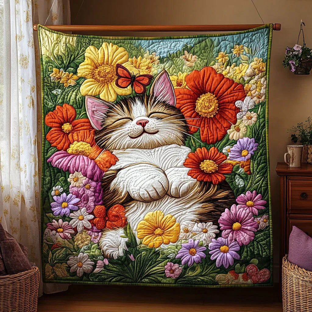 Peaceful Petals Cat Quilt Blanket