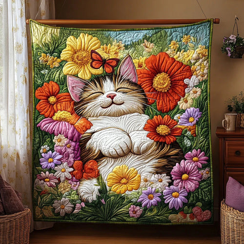 Peaceful Petals Cat Quilt Blanket