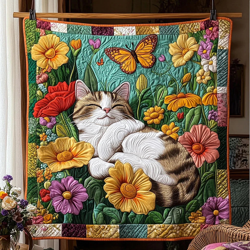 Peaceful Petals Cat Quilt Blanket