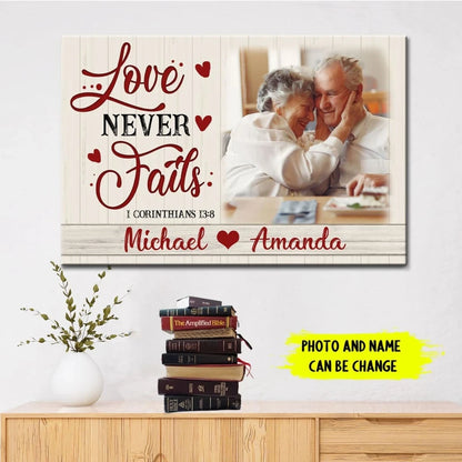 personalized love never fails christian wall art canvas with custom photo and names (Landscape) (view 4)