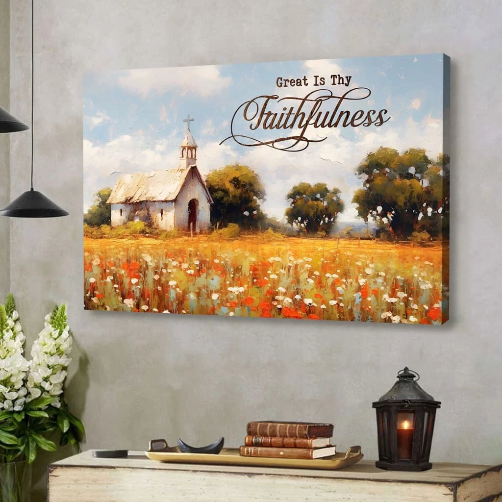 great is thy faithfulness wall art old chapel in a field christian canvas print (Landscape) (view 2)