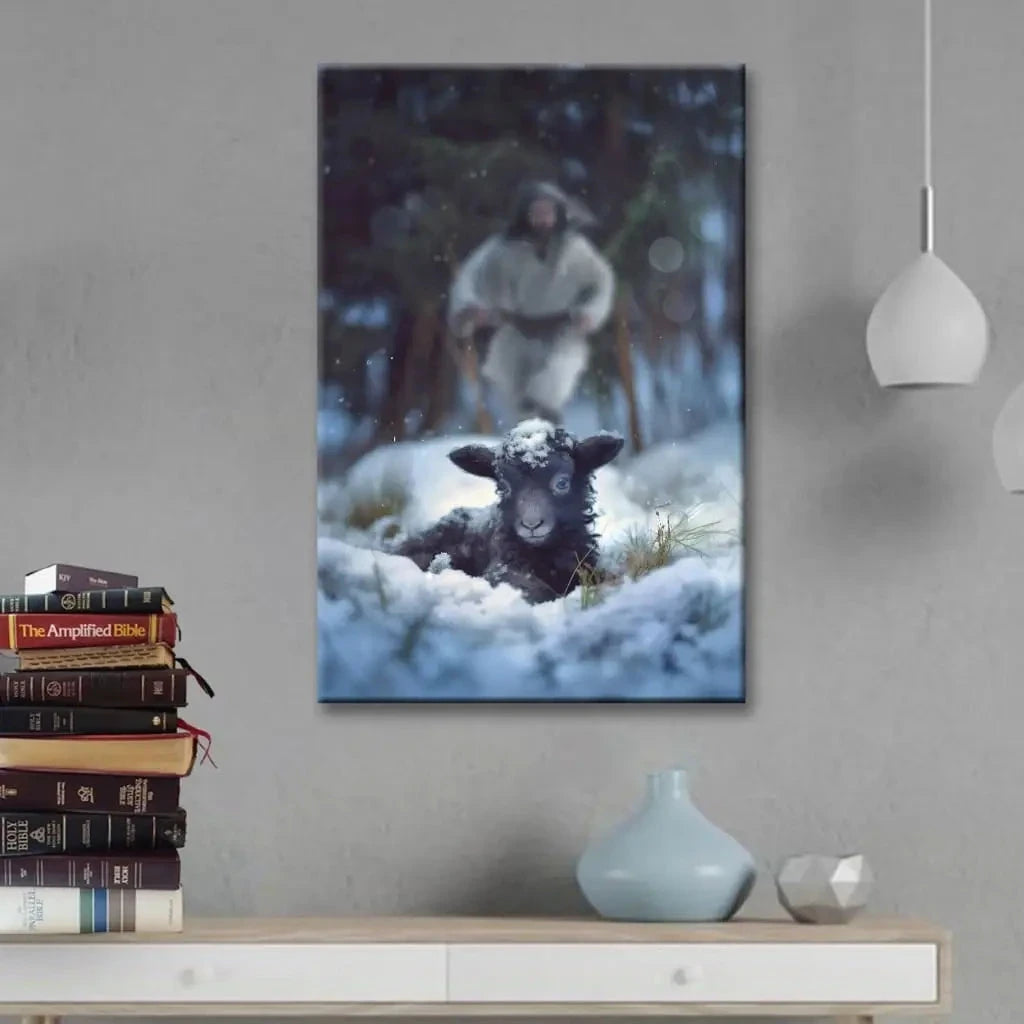 jesus running to rescue a lost sheep in a snowy forest wall art canvas (Landscape) (view 10)