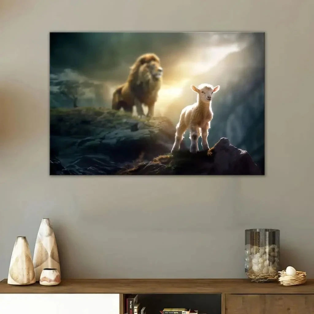 lamb is bold because lion is near christian wall art canvas (Landscape) (view 9)