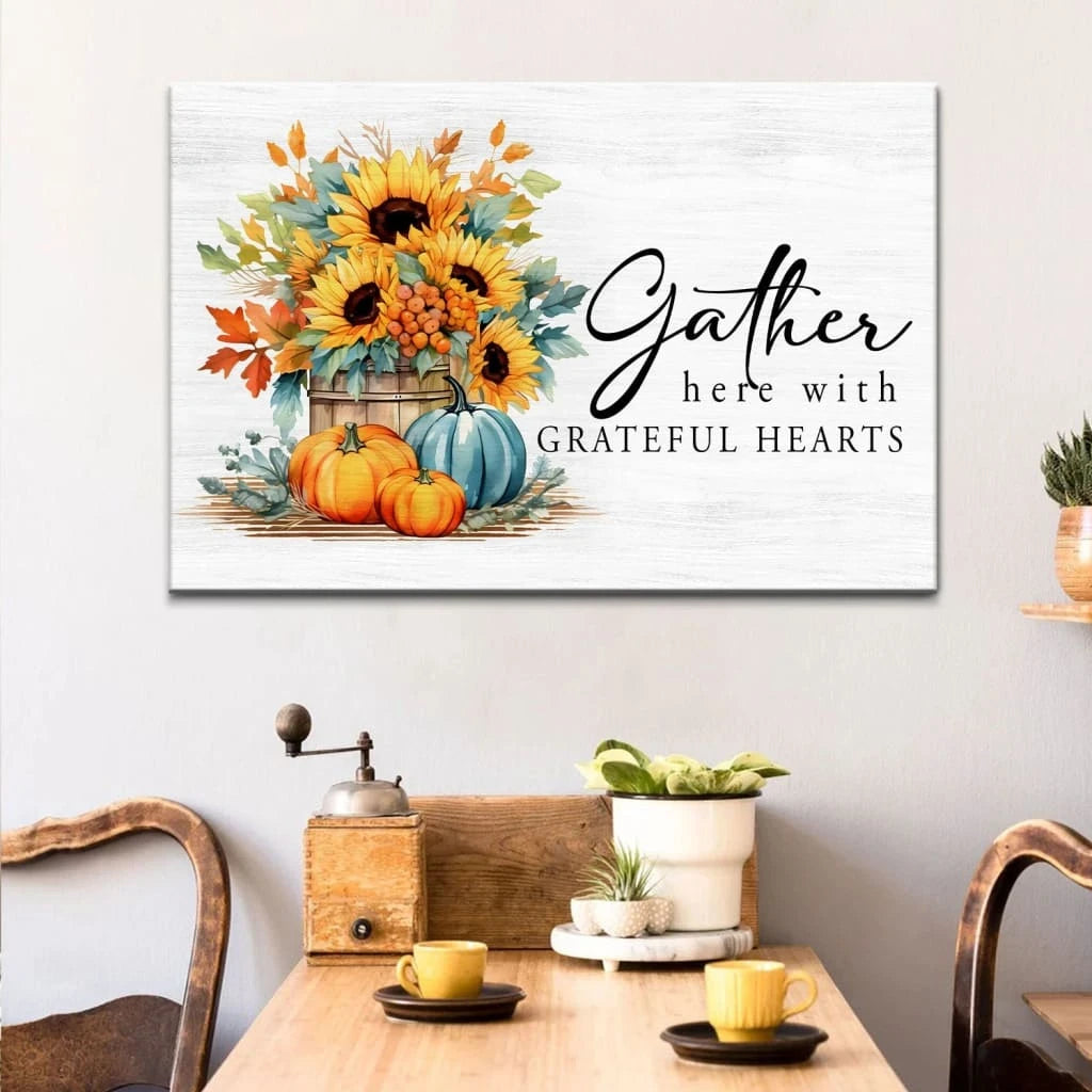 gather here with grateful hearts fall wall art canvas (Landscape) (view 4)