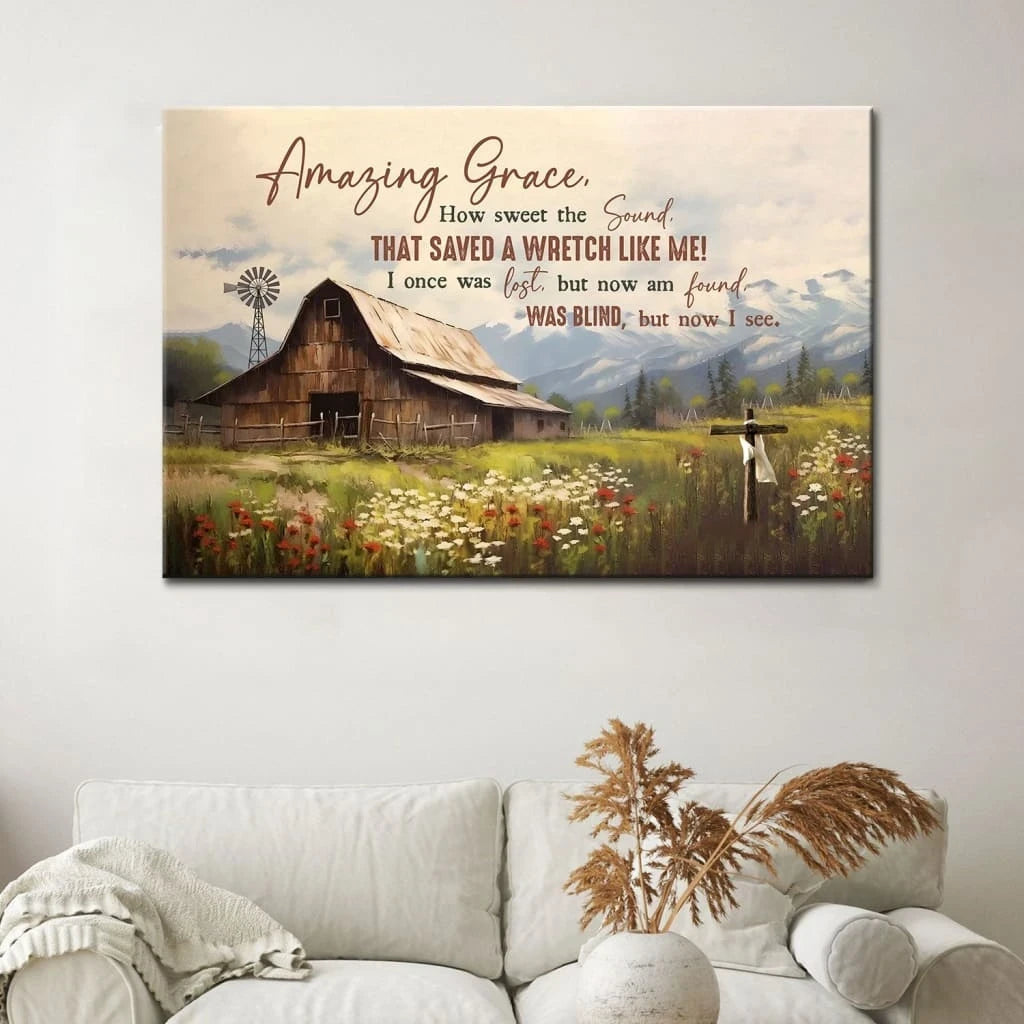 amazing grace how sweet the sound wall art old barn with flowers christian canvas art (Landscape) (view 4)