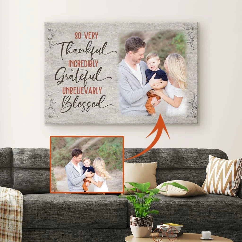 personalized thankful grateful blessed wall art canvas with custom photo (Landscape) (view 4)