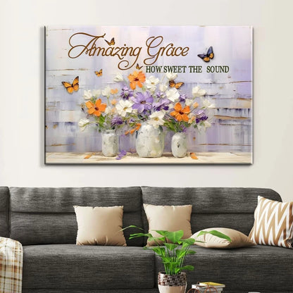 amazing grace how sweet the sound wall art butterflies flowers christian canvas art (Landscape) (view 4)