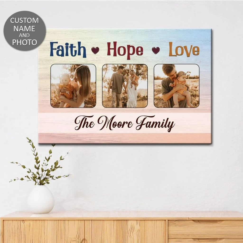 personalized faith hope love wall art canvas with custom family photos and name (Landscape) (view 3)