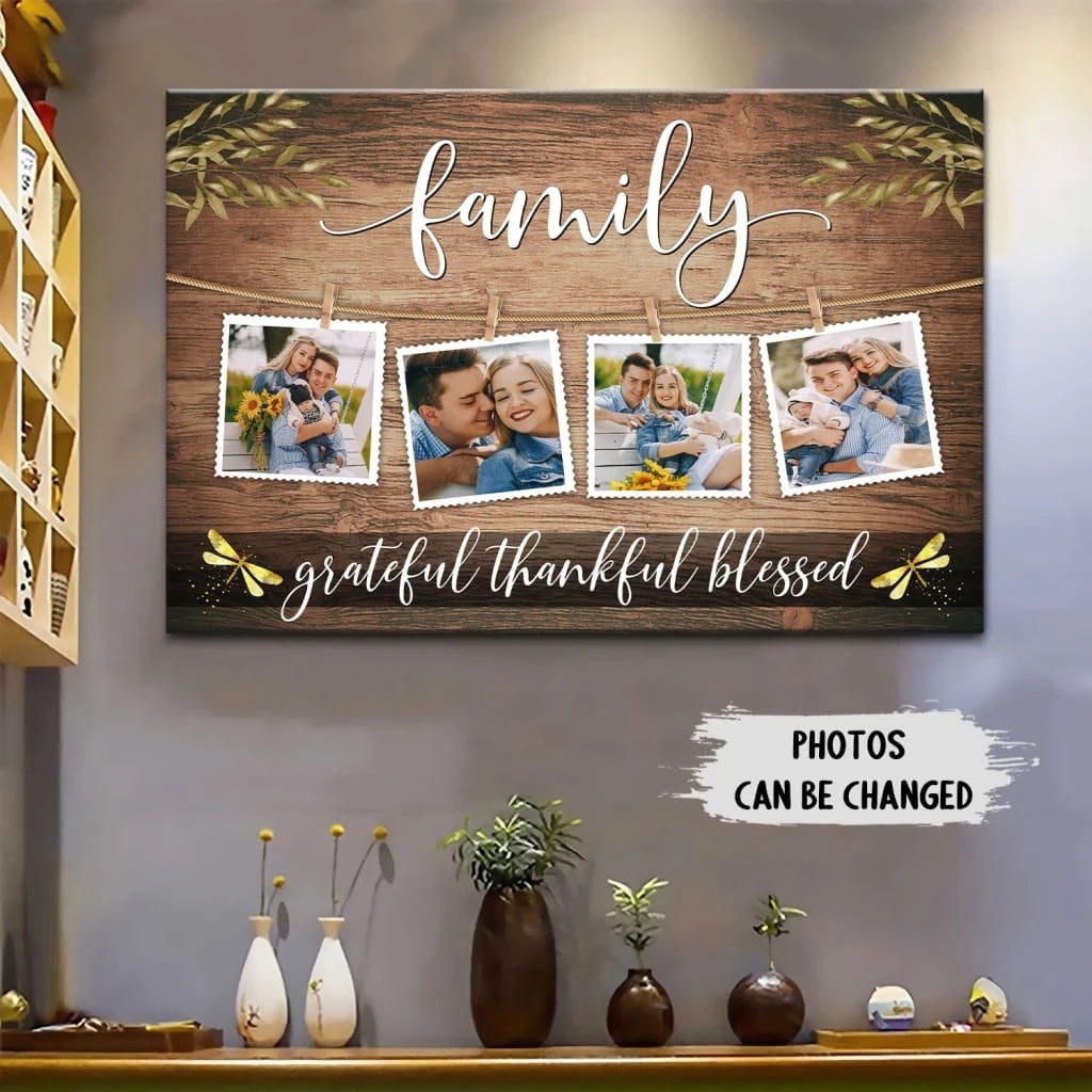 personalized family grateful thankful blessed wall art canvas with custom photos (Landscape) (view 4)
