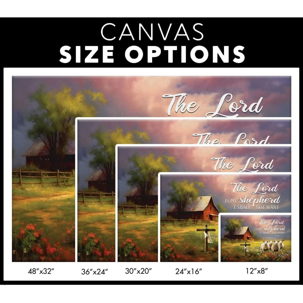 the lord is my shepherd red barn and sheep psalm 23 1 wall art canvas (Landscape) (view 3)