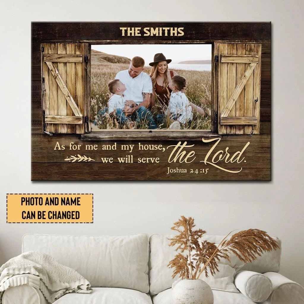 personalized joshua 24 15 as for me and my house wall art canvas with custom family name and photo (Landscape) (view 5)