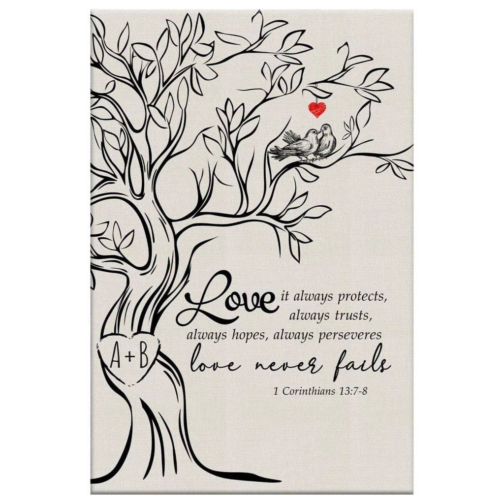 love never fails personalized initials carved in tree christian wall art canvas (view 3)