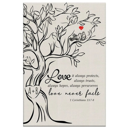 love never fails personalized initials carved in tree christian wall art canvas (view 3)