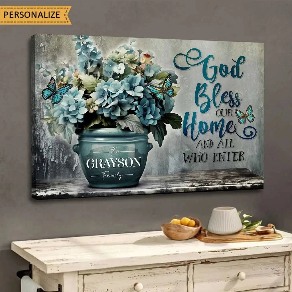personalized god bless our home family name wall art canvas print (Landscape) (view 7)
