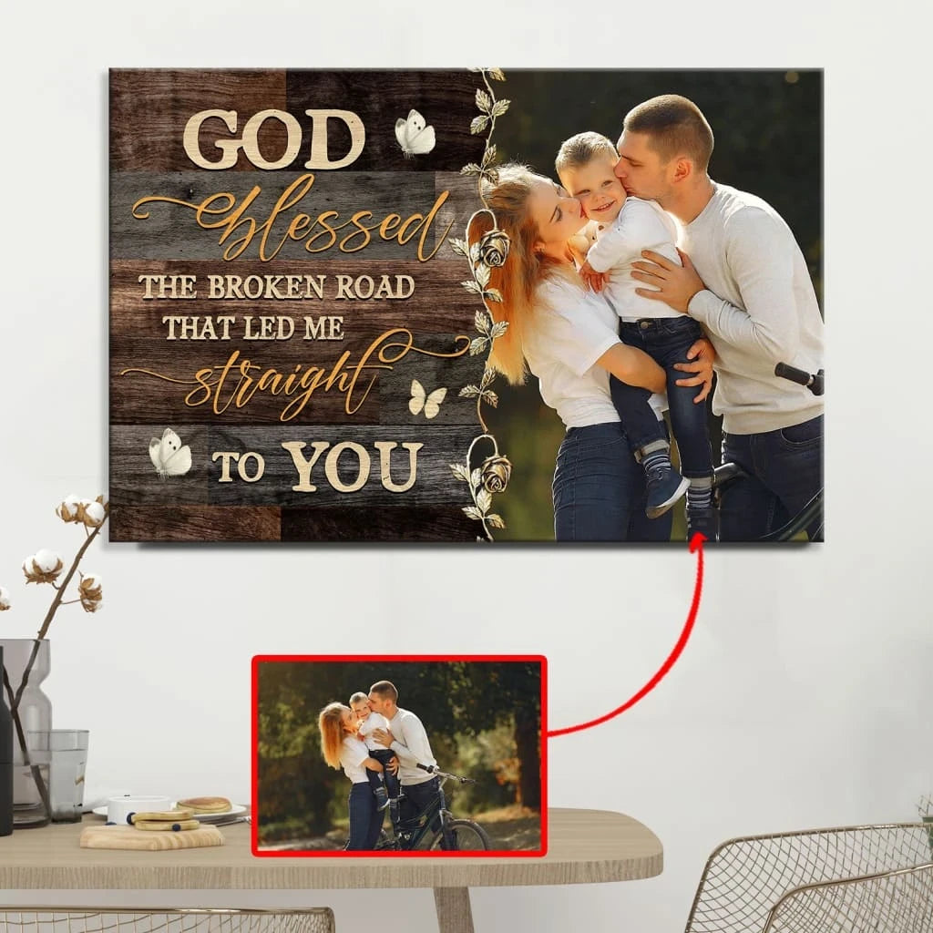 personalized god blessed the broken road wall art canvas with custom photo (Landscape) (view 4)