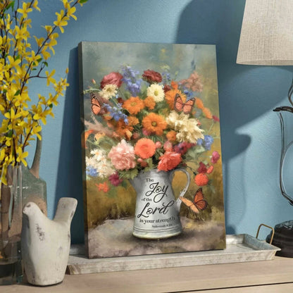 the joy of the lord is your strength nehemiah 8 10 flowers butterfly wall art canvas (view 5)