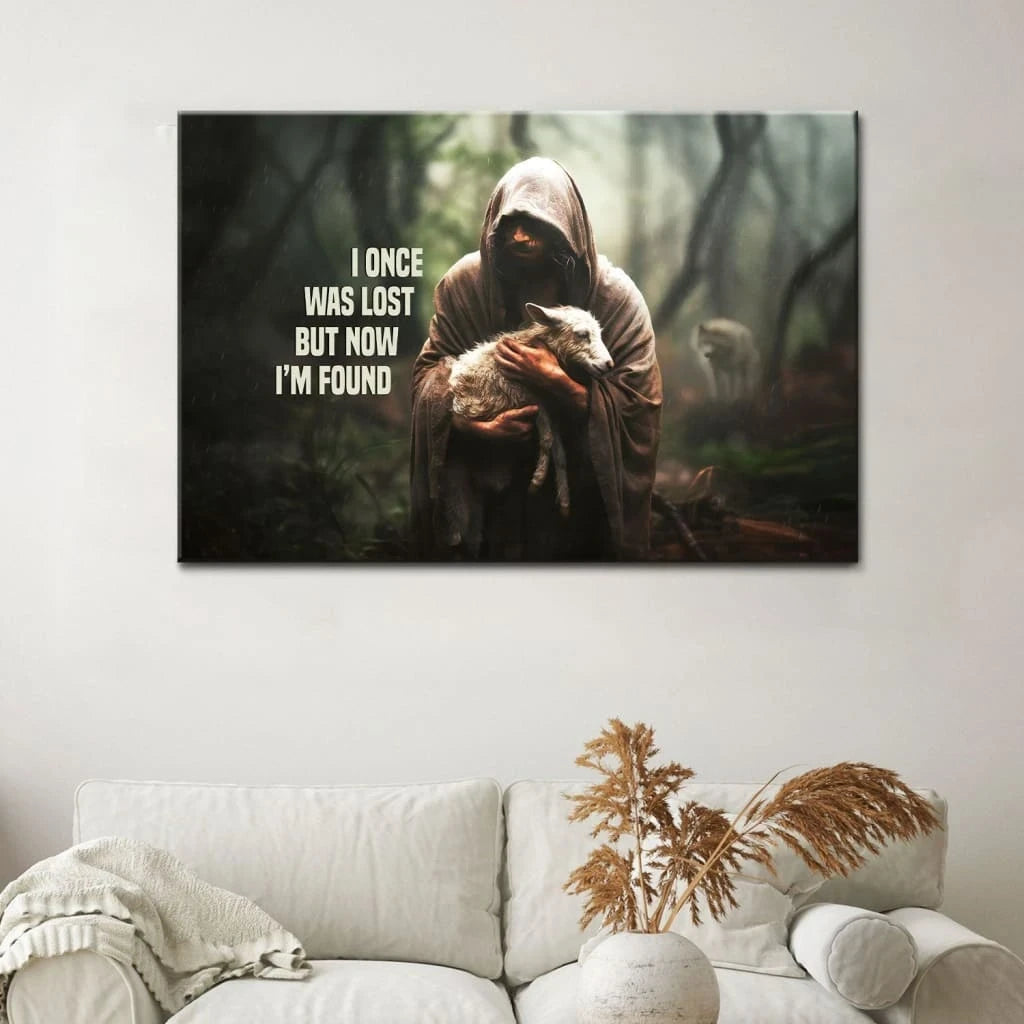 christian wall art canvas i once was lost but now i m found jesus and lost sheep picture (Landscape) (view 10)