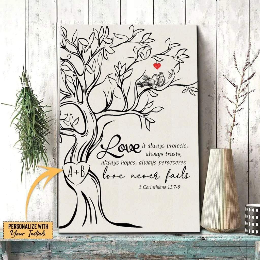 love never fails personalized initials carved in tree christian wall art canvas (view 4)