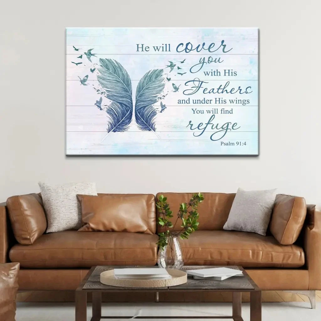 he will cover you with his feathers psalm 91 4 bible verse wall art canvas (Landscape) (view 6)