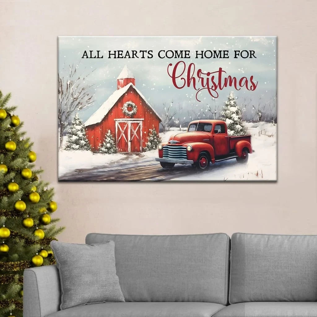 all hearts come home for christmas red barn and car christmas tree wall art canvas (Landscape) (view 4)