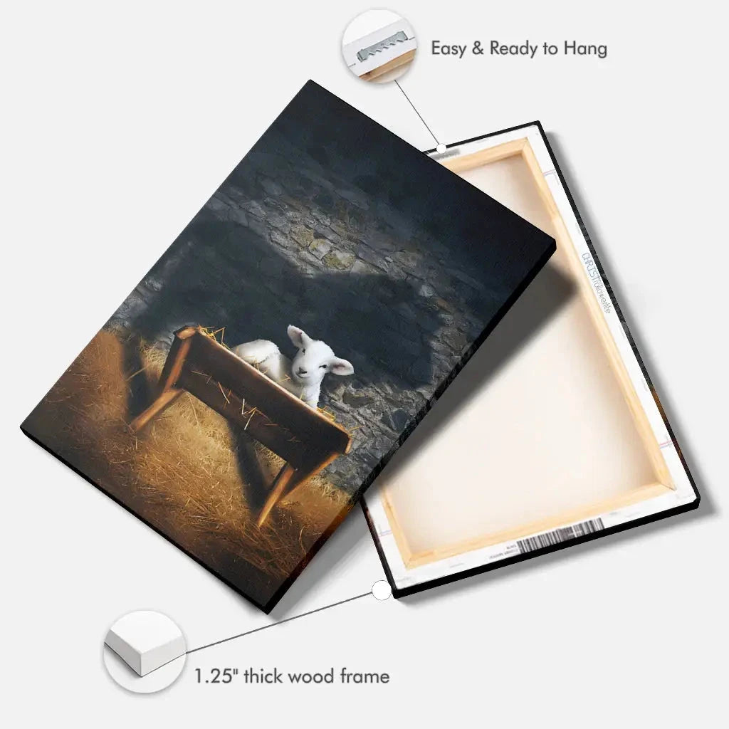 the lamb of god in the manger lion and lamb nativity scene christian wall art canvas (view 5)