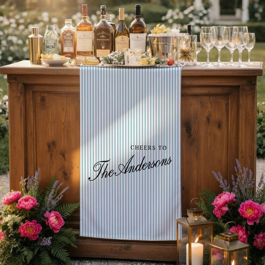 Personalized Bridal Shower Table Runner Custom Name Pink Stripe Wedding Bar Decor Tea Party Bachelorette Party Decor, pers...