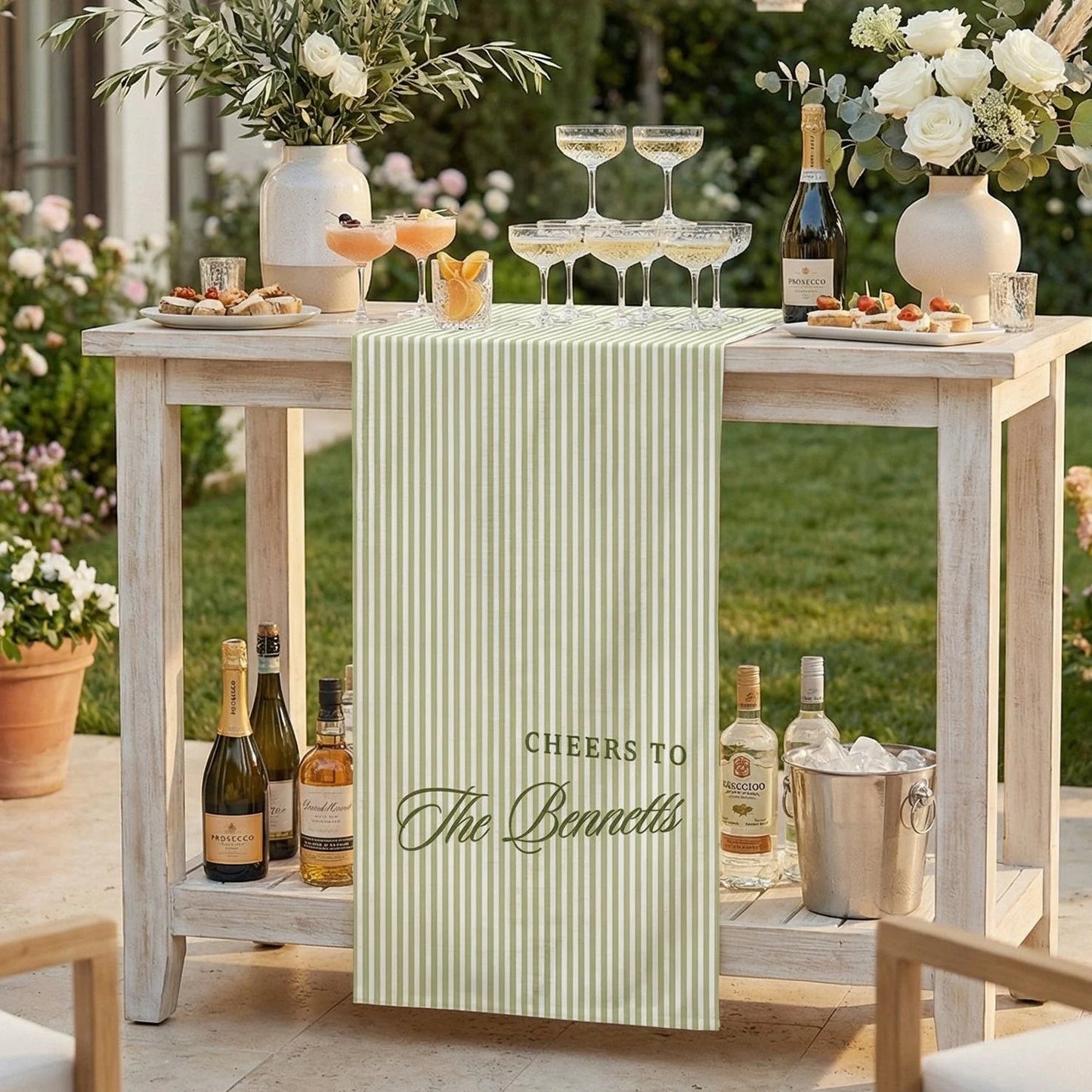 Personalized Bridal Shower Table Runner Custom Name Pink Stripe Wedding Bar Decor Tea Party Bachelorette Party Decor, pers...