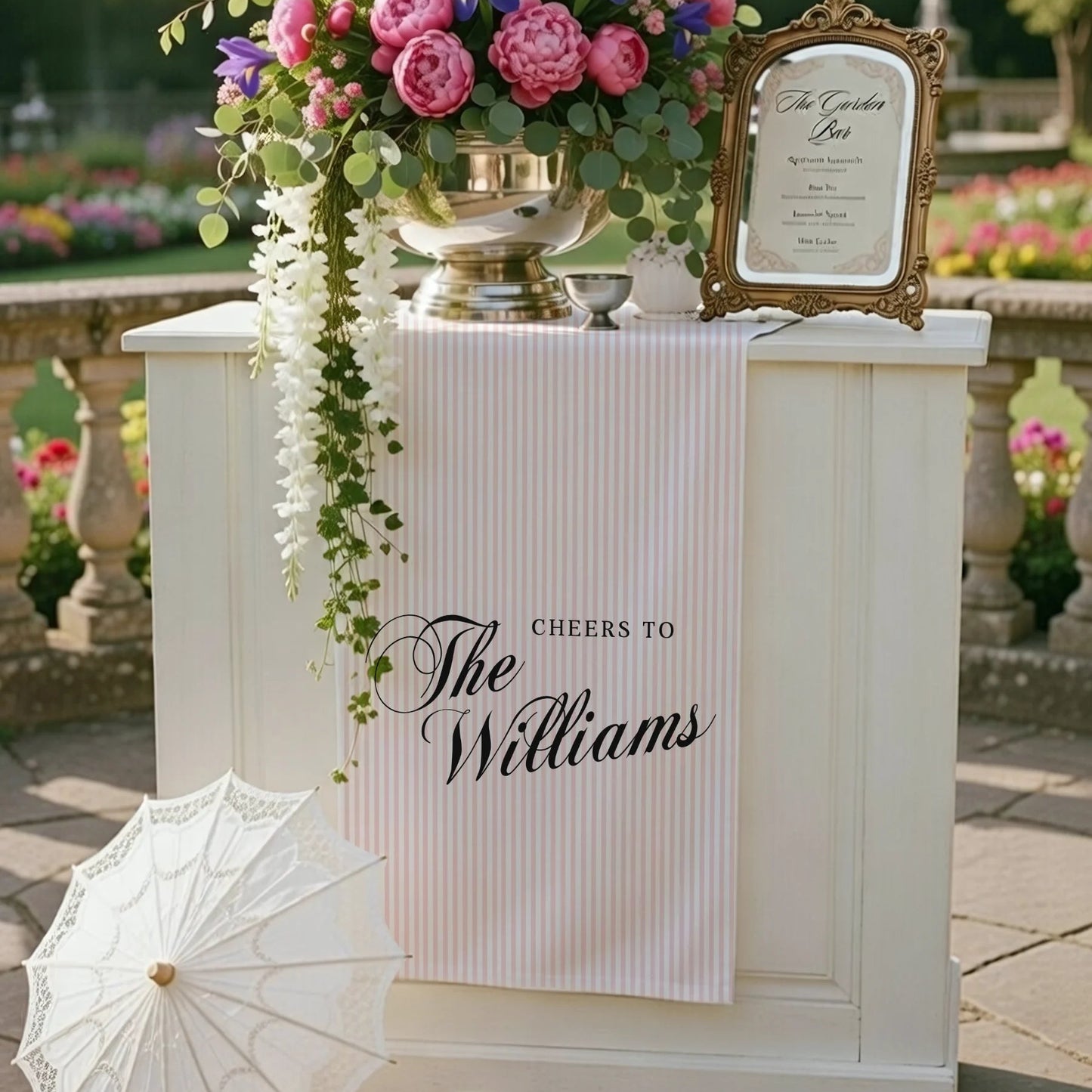 Personalized Bridal Shower Table Runner Custom Name Pink Stripe Wedding Bar Decor Tea Party Bachelorette Party Decor, pers...