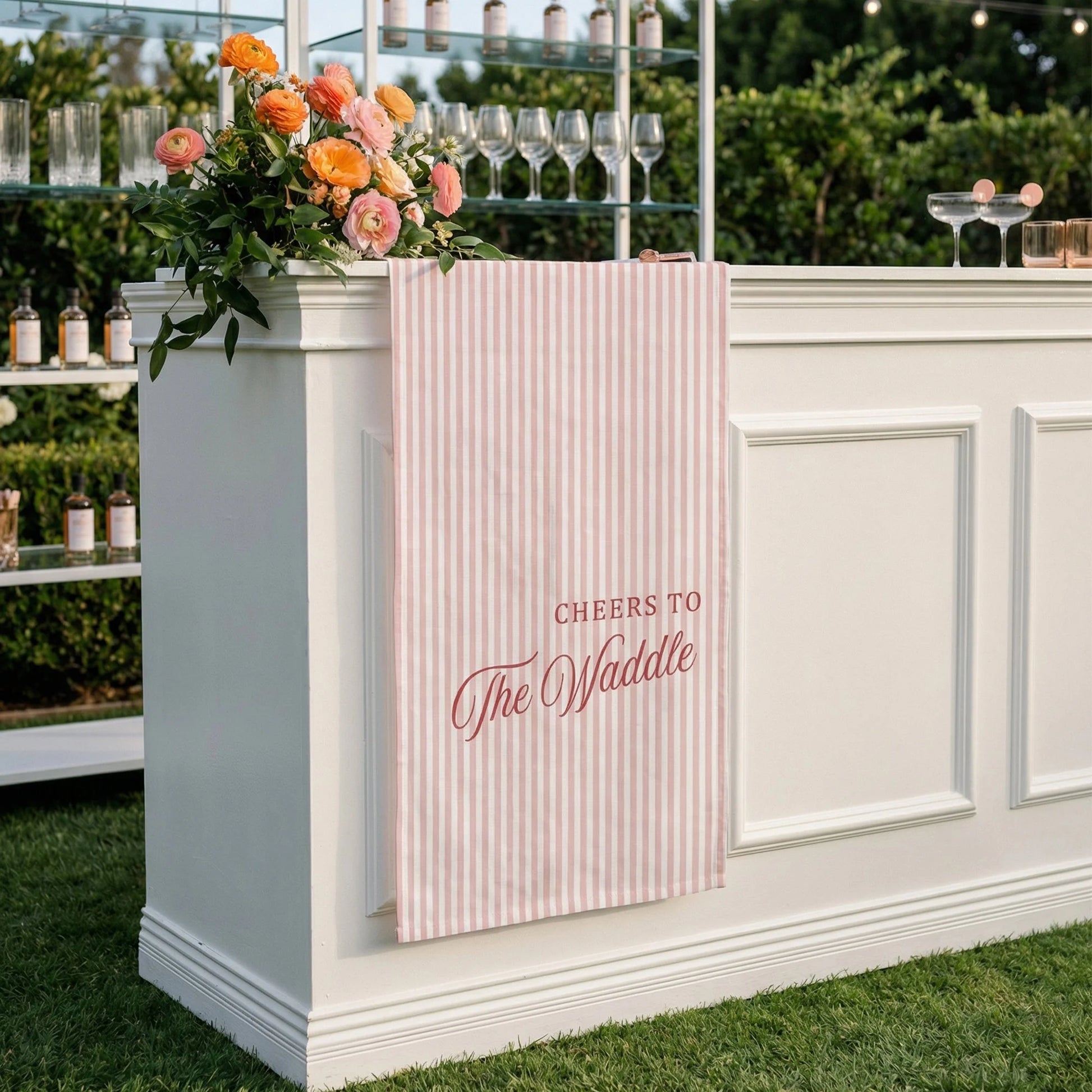 Personalized Bridal Shower Table Runner Custom Name Pink Stripe Wedding Bar Decor Tea Party Bachelorette Party Decor, pers...