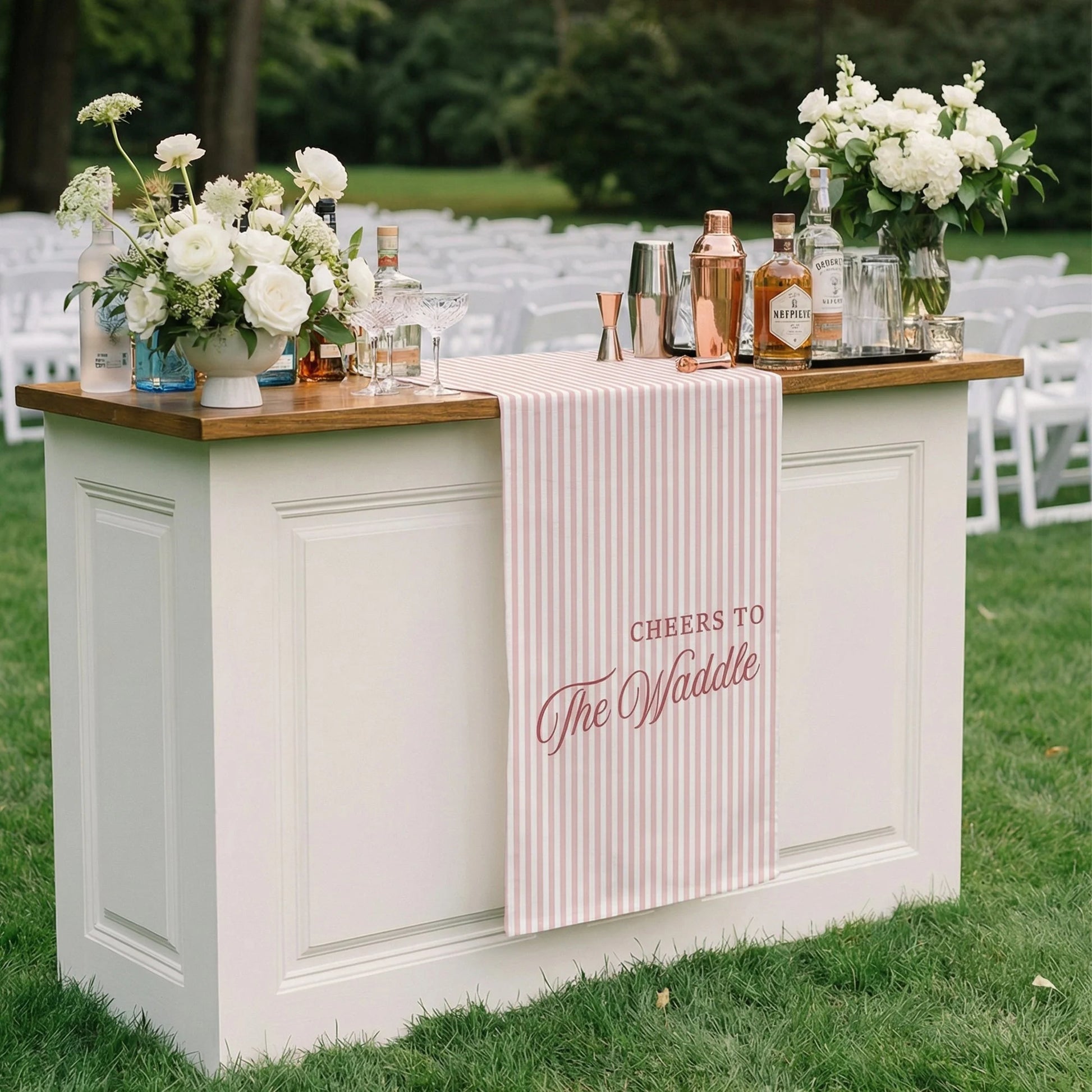 Personalized Bridal Shower Table Runner Custom Name Pink Stripe Wedding Bar Decor Tea Party Bachelorette Party Decor, pers...