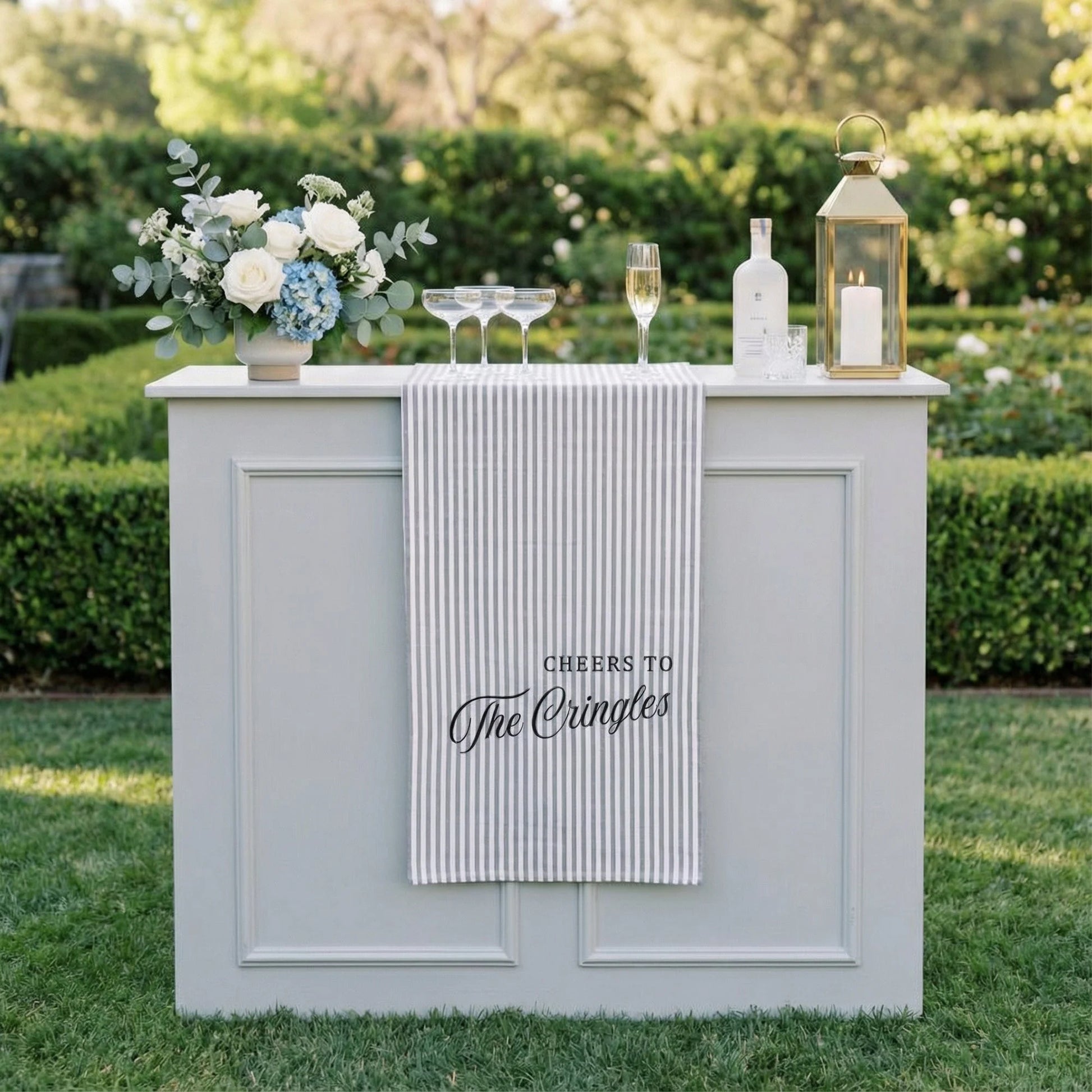 Personalized Bridal Shower Table Runner Custom Name Pink Stripe Wedding Bar Decor Tea Party Bachelorette Party Decor, pers...