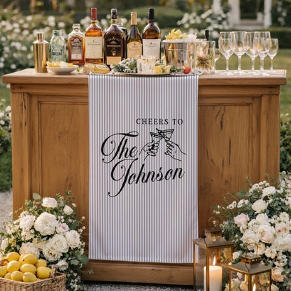 Personalized Wedding Table Runner Cocktail Bar Decor Custom Name Linen Stripe Cheers Sign Wedding Reception Decor, persona...