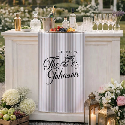 Personalized Wedding Table Runner Cocktail Bar Decor Custom Name Linen Stripe Cheers Sign Wedding Reception Decor, persona...