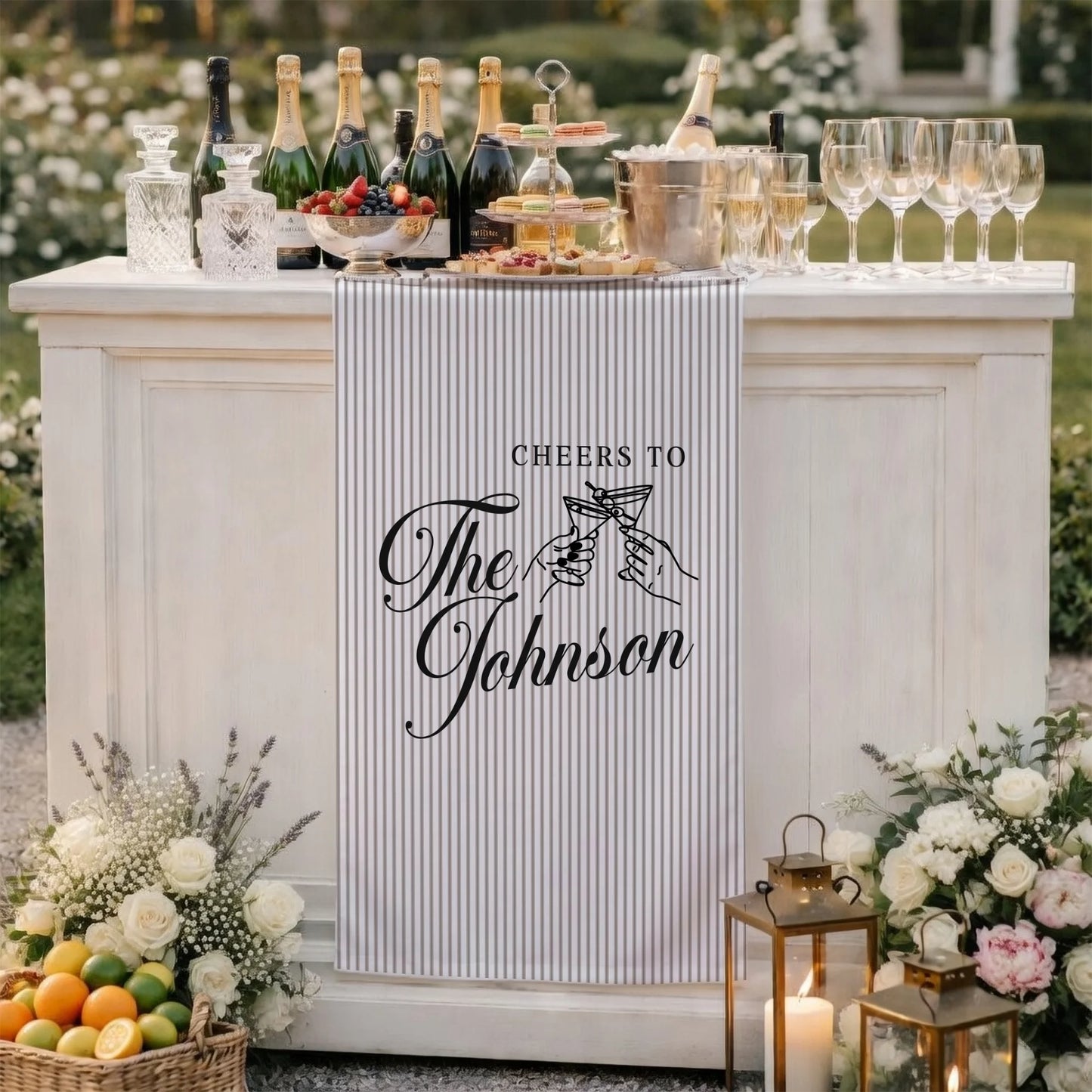 Personalized Wedding Table Runner Cocktail Bar Decor Custom Name Linen Stripe Cheers Sign Wedding Reception Decor, persona...