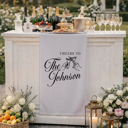 Personalized Wedding Table Runner Cocktail Bar Decor Custom Name Linen Stripe Cheers Sign Wedding Reception Decor, persona...