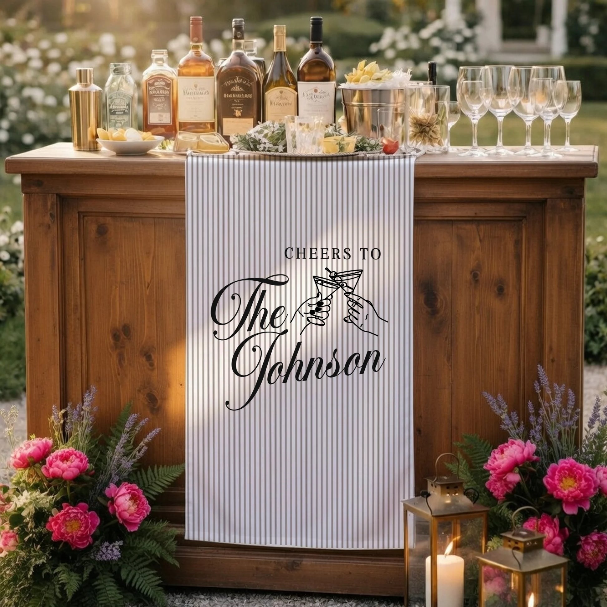 Personalized Wedding Table Runner Cocktail Bar Decor Custom Name Linen Stripe Cheers Sign Wedding Reception Decor, persona...