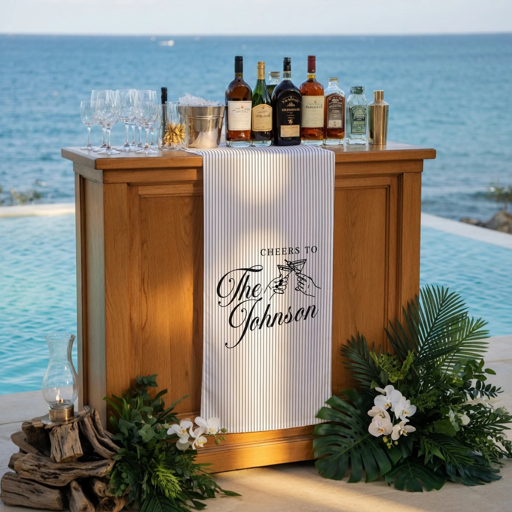 Personalized Wedding Table Runner Cocktail Bar Decor Custom Name Linen Stripe Cheers Sign Wedding Reception Decor, persona...