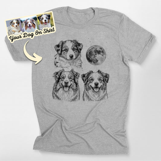 Personalized Aussie Shirt Three Dog Moon Bella Canvas, custom pet portrait gift for pet lovers