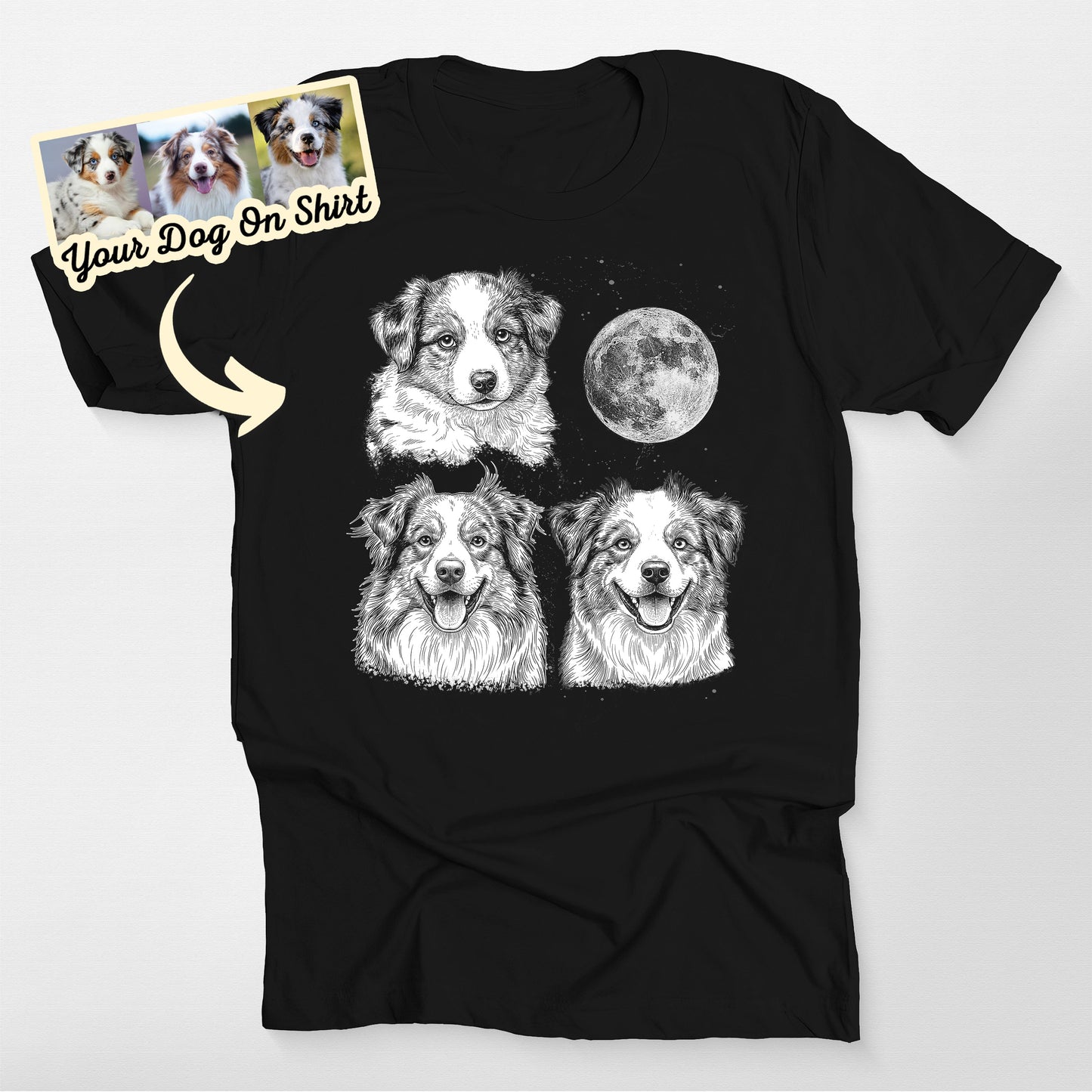 Personalized Aussie Shirt Three Dog Moon Bella Canvas, custom pet portrait gift for pet lovers (view 2)