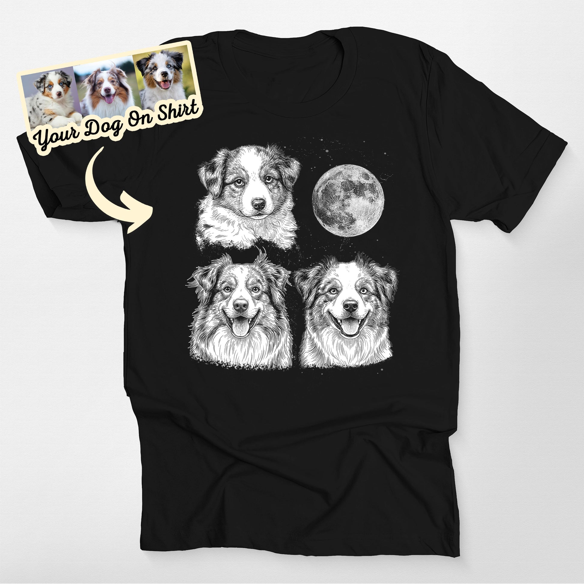 Personalized Aussie Shirt Three Dog Moon Bella Canvas, custom pet portrait gift for pet lovers (view 2)